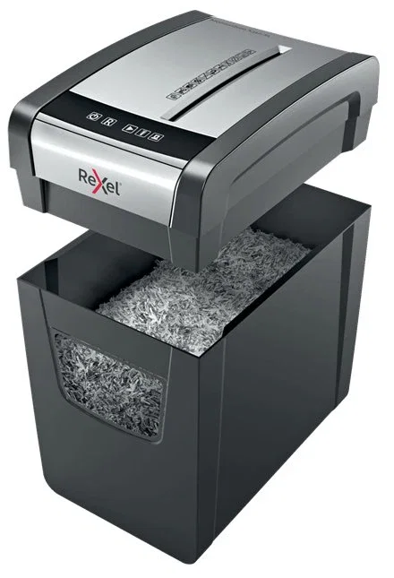 Rexel Momentum X312-SL - Destructora de Papel Corte en Partículas P-3, 5x42mm, Capacidad 12 Hojas/23L, 62 dB, Tritura Grapas, Negro y Gris