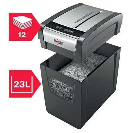 Rexel Momentum X312-SL - Destructora de Papel Corte en Partículas P-3, 5x42mm, Capacidad 12 Hojas/23L, 62 dB, Tritura Grapas, Negro y Gris