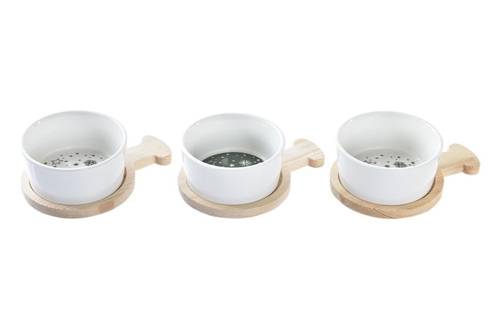 DKD Home Decor Set de Aperitivos de Gres y Bambú Verde, Natural y Blanco de 3 Piezas