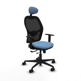 Silla de oficina Jorquera con mecanismo Sincro/Traslack tapizada con Tela color Azul cielo y malla color Negro. Equipada con lumbar 1D, Brazos 1D, Cabecero Fijo y Ruedas 65mm nailon