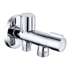 Verhal Válvula de Escuadra Doble Salida en Látón Cromado, ½ x ½ x 3/8 Pulg, Entrada ½" y Salidas Independientes ½" y 3/8", Apertura Rápida ¼ de Vuelta, 114 x 67 mm