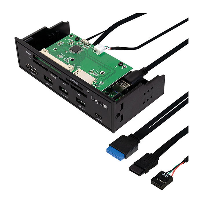 LogiLink UA0341 Panel Frontal Multifunción 5.25" Lector de Tarjetas, USB 3.0, Negro, CF, MS Micro (M2), MicroSD, SD, xD