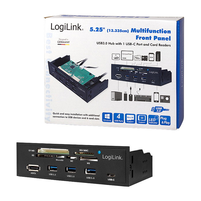 LogiLink UA0341 Panel Frontal Multifunción 5.25" Lector de Tarjetas, USB 3.0, Negro, CF, MS Micro (M2), MicroSD, SD, xD