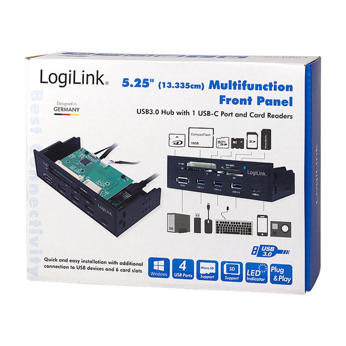 LogiLink UA0341 Panel Frontal Multifunción 5.25" Lector de Tarjetas, USB 3.0, Negro, CF, MS Micro (M2), MicroSD, SD, xD