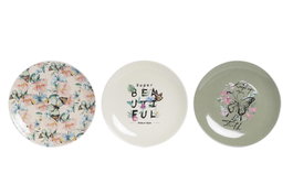 DKD Home Decor Surtido de Platos de Porcelana Mariposa Greature 3 (Rosa, Beige, Verde) de 20,5 cm