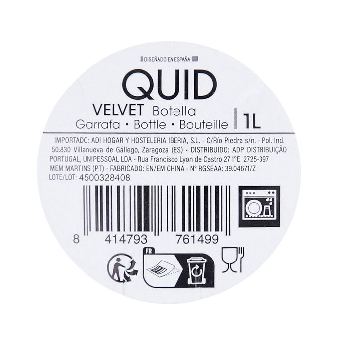 Botella Vidrio Tape Acero Inox Velvet Quid 1 L (12 Unidades)