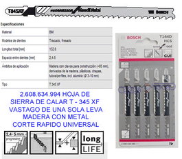Bosch T345XF Hoja de Sierra de Calar 5x132 mm