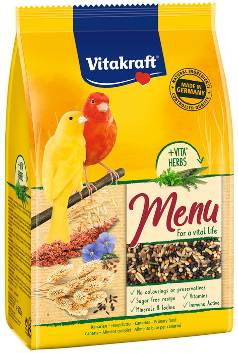 Vitakraft Menú Canarios 500gr: Mezcla de semillas y granos enriquecida con miel para el fortalecimiento de defensas y plumaje Vitakraft Menú Canarios 500gr: Mezcla de semillas y granos enriquecida con miel para el fortalecimiento de defensas y plumaje