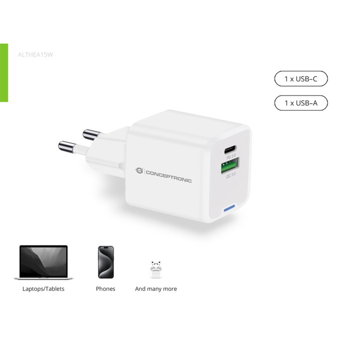 Conceptronic ALTHEA15W Cargador GaN 20W con 2 Puertos USB (USB-C y USB-A) Blanco