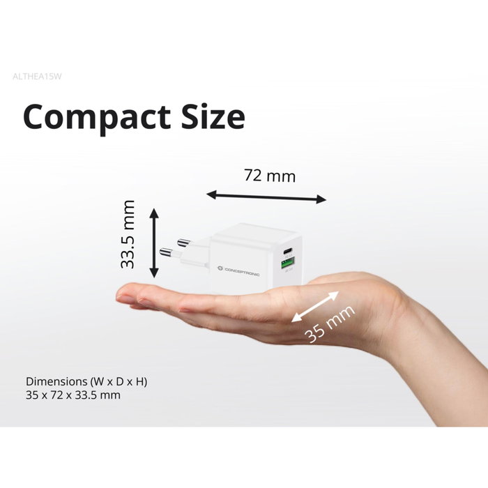 Conceptronic ALTHEA15W Cargador GaN 20W con 2 Puertos USB (USB-C y USB-A) Blanco