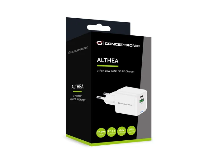 Conceptronic ALTHEA15W Cargador GaN USB-C 20W con 1 puerto USB-C + 1 USB-A, carga rápida Power Delivery y Quick Charge 3.0, protecciones sobretemperatura y cortocircuito, blanco