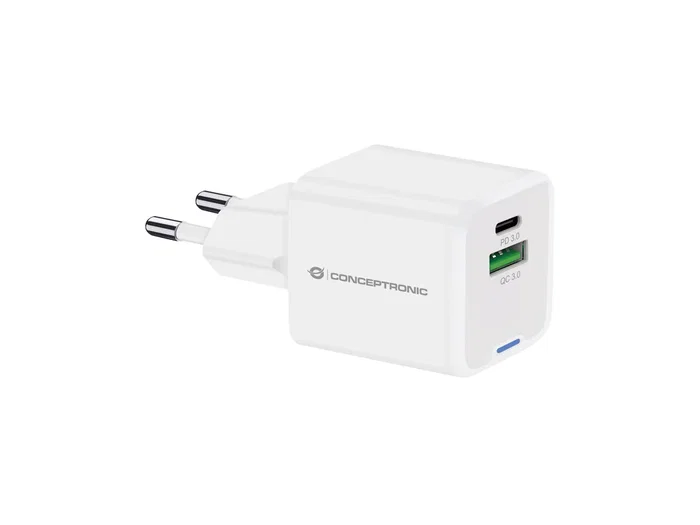 Conceptronic ALTHEA15W Cargador GaN USB-C 20W con 1 puerto USB-C + 1 USB-A, carga rápida Power Delivery y Quick Charge 3.0, protecciones sobretemperatura y cortocircuito, blanco