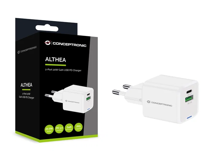 Conceptronic ALTHEA15W Cargador GaN USB-C 20W con 1 puerto USB-C + 1 USB-A, carga rápida Power Delivery y Quick Charge 3.0, protecciones sobretemperatura y cortocircuito, blanco
