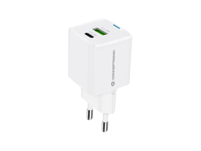 Conceptronic ALTHEA15W Cargador GaN USB-C 20W con 1 puerto USB-C + 1 USB-A, carga rápida Power Delivery y Quick Charge 3.0, protecciones sobretemperatura y cortocircuito, blanco