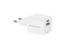 Conceptronic ALTHEA15W Cargador GaN USB-C 20W con 1 puerto USB-C + 1 USB-A, carga rápida Power Delivery y Quick Charge 3.0, protecciones sobretemperatura y cortocircuito, blanco