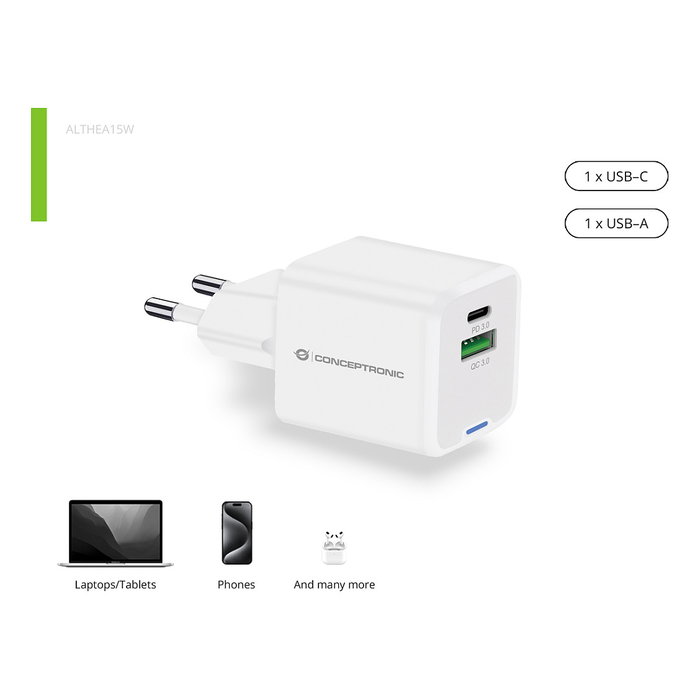 Conceptronic ALTHEA15W Cargador de Pared 20W Blanco USB-C y USB-A GaN Conceptronic ALTHEA15W Cargador de Pared 20W Blanco USB-C y USB-A GaN