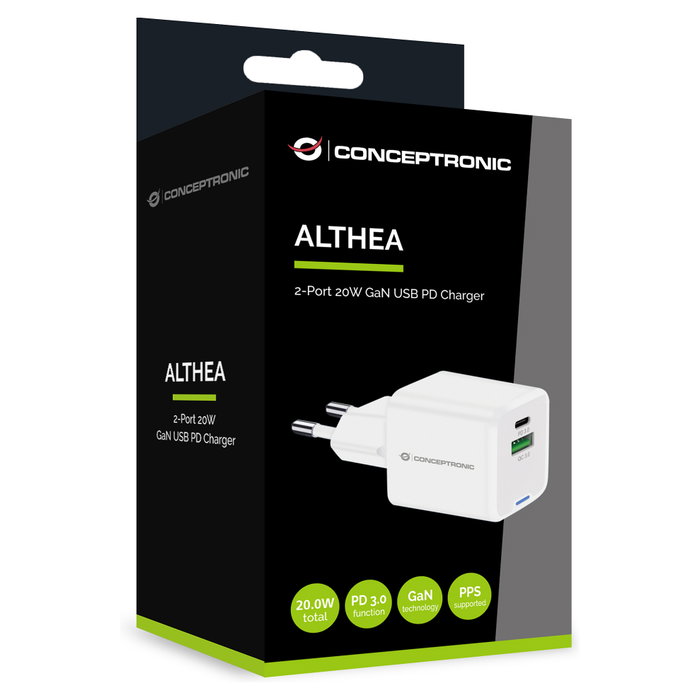Conceptronic ALTHEA15W Cargador de Pared 20W Blanco USB-C y USB-A GaN Conceptronic ALTHEA15W Cargador de Pared 20W Blanco USB-C y USB-A GaN
