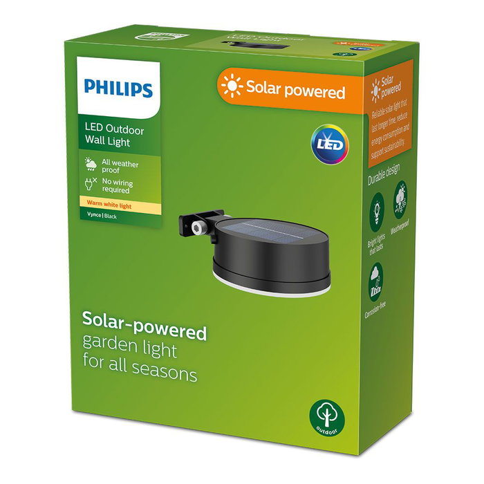 Philips Aplique Solar Vynce Redondo, 1.5W, 200lm, 2700K Luz Cálida, IP44, Medidas 11.2x4.6x14.1cm