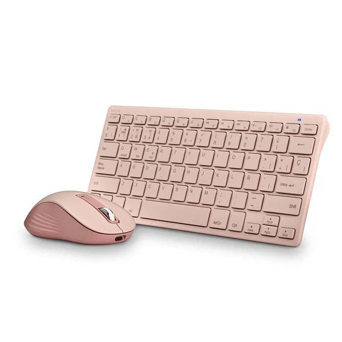 NGS FANTASY Kit Teclado y Ratón Inalámbrico Recargable Silencioso RF+Bluetooth QWERTY Español Rosa - Teclado Mini con 12 Teclas Multimedia y Ratón Óptico 5 Botones 1600 DPI