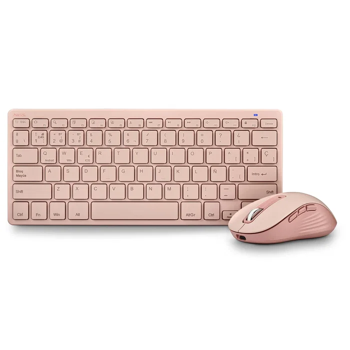 NGS FANTASY Kit Teclado y Ratón Inalámbrico Recargable Silencioso RF+Bluetooth QWERTY Español Rosa - Teclado Mini con 12 Teclas Multimedia y Ratón Óptico 5 Botones 1600 DPI