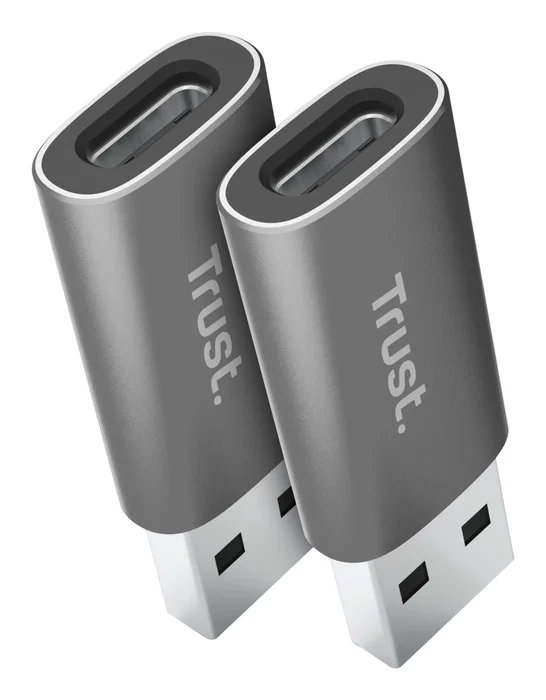 Trust Calyx Adaptador USB 3.2 Gen2 Tipo-C (Hembra) a USB-A (Macho), ABS, Gris, Incluye 2 Piezas