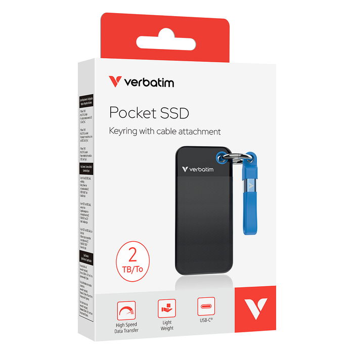 Verbatim VxSSD2TB-USBC Pocket SSD Portátil de 2 TB, USB 3.2 Gen 2 Tipo C, 1000 MB/s, 10 Gbit/s, Negro Azul