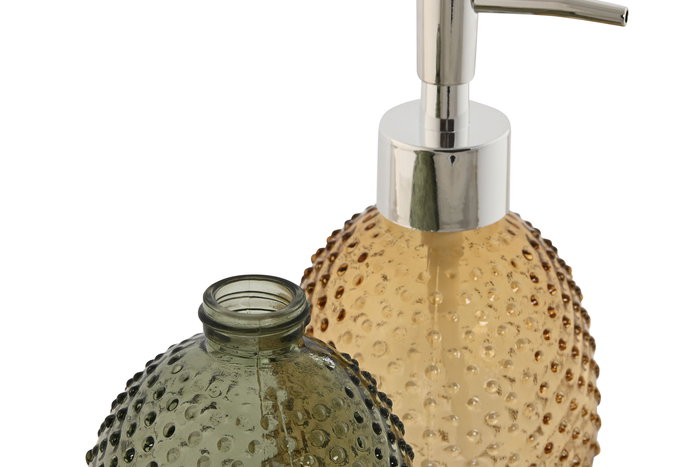 DKD Home Decor Set de 3 Piezas Baño Dispensador Jabón Ambar Verde Cristal ABS 8 x 17 x 9 cm