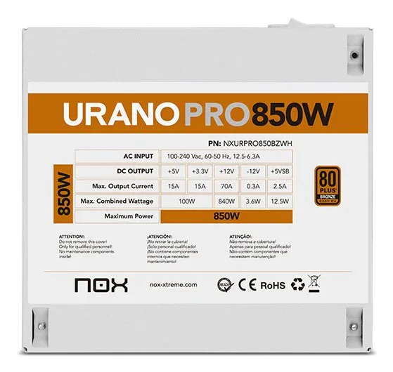 NOX Urano PRO White 850W Bronze ATX Blanco