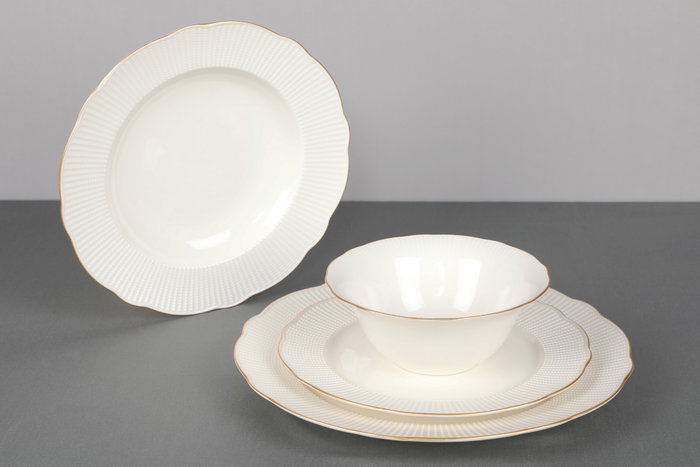 Hermia BNILY24Y2520 Vajilla de 24 Piezas en Porcelana Blanca y Dorada, Apta para Lavavajillas y Microondas, Elegante y Sofisticada