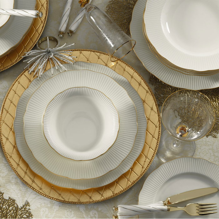 Hermia BNILY24Y2520 Vajilla de 24 Piezas en Porcelana Blanca y Dorada, Apta para Lavavajillas y Microondas, Elegante y Sofisticada