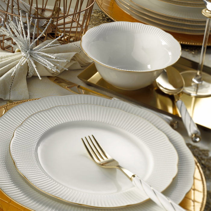 Hermia BNILY24Y2520 Vajilla de 24 Piezas en Porcelana Blanca y Dorada, Apta para Lavavajillas y Microondas, Elegante y Sofisticada