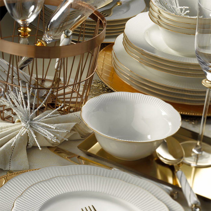 Hermia BNILY24Y2520 Vajilla de 24 Piezas en Porcelana Blanca y Dorada, Apta para Lavavajillas y Microondas, Elegante y Sofisticada