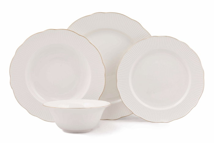 Hermia BNILY24Y2520 Vajilla de 24 Piezas en Porcelana Blanca y Dorada, Apta para Lavavajillas y Microondas, Elegante y Sofisticada