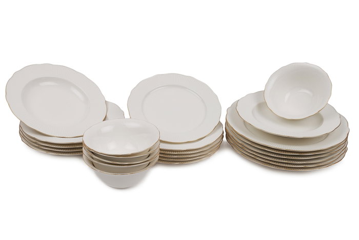 Hermia BNILY24Y2520 Vajilla de 24 Piezas en Porcelana Blanca y Dorada, Apta para Lavavajillas y Microondas, Elegante y Sofisticada
