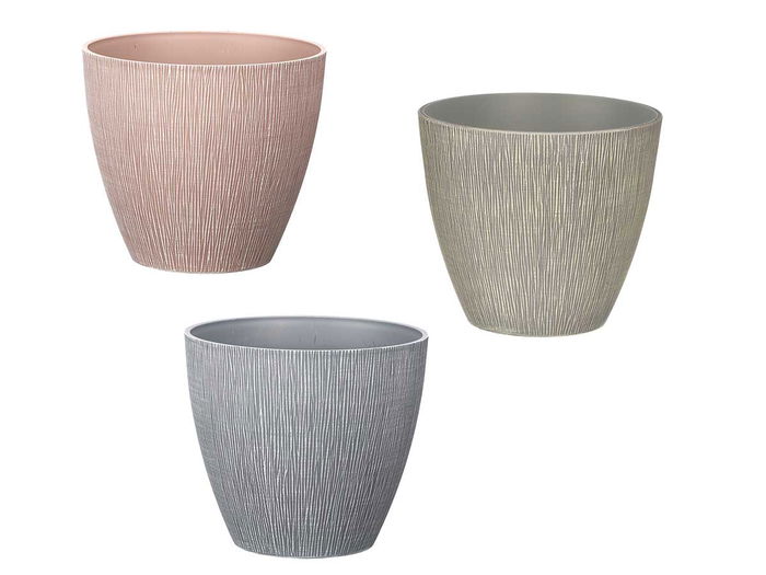 Ibergarden Maceta Cónica de Plástico PP 23 cm de Diámetro, Color Surtido (Gris, Marrón, Verde) con Relieve (Set de 24)