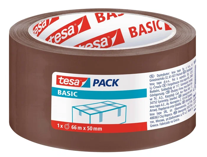 Tesa Cinta Adhesiva Marrón Basic para Embalaje, Precinto 66 m x 50 mm, 31 Micras, Cierre Seguro de Cajas y Cartones