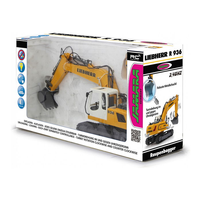 Jamara Bagger Liebherr R936 1:20 2,4G 6+ - Excavadora eléctrica radiocontrol lista usar, escala 1:20, efectos luminosos y sonoros, para niños +8 años