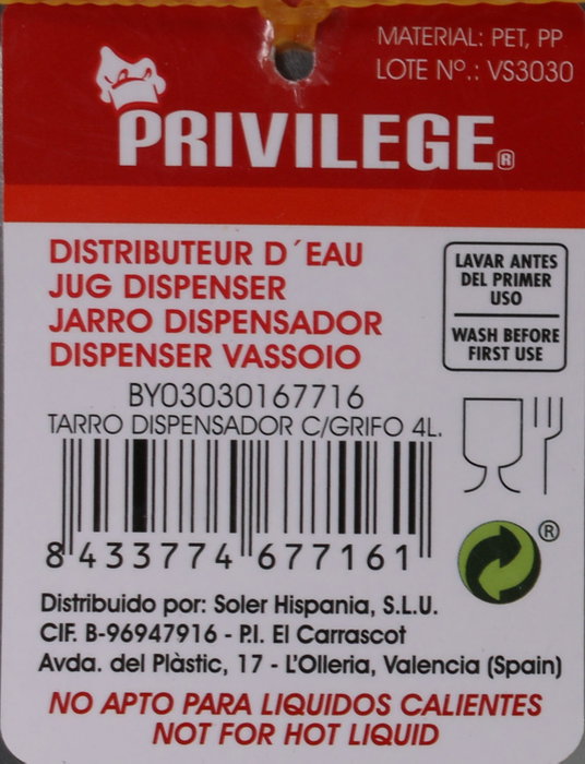Privilege Tarro Dispensador con Grifo 4L (8 Unidades)bu