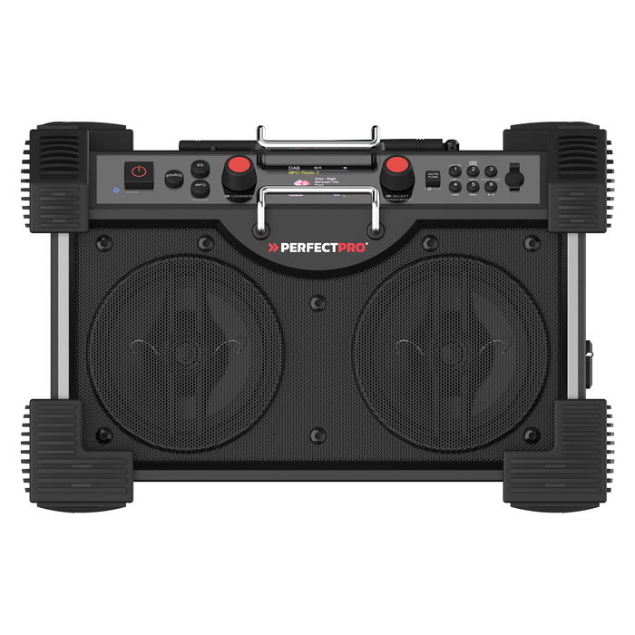 PerfectPro ROCKHART 18V Baustellenradio - Radio de obra digital con DAB+/FM, Bluetooth 5.2, NFC, 60W, 4 altavoces, resistente a golpes y agua (IP44), Negro/Rojo