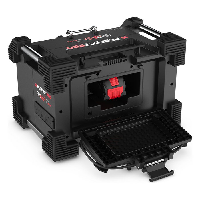 PerfectPro ROCKHART 18V Baustellenradio - Radio de obra digital con DAB+/FM, Bluetooth 5.2, NFC, 60W, 4 altavoces, resistente a golpes y agua (IP44), Negro/Rojo