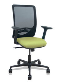 Silla de oficina Zulema con mecanismo Sincro tapizada con Tela color Verde oliva y malla color Negro. Equipada con lumbar 1D, Brazos 2D y Ruedas 65mm nailon
