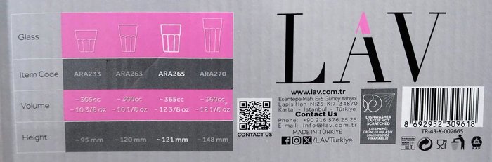 LAV Vaso Aras 365 cc - Vidrio, 8.3 x 12 cm, 320 g, 8.58 kg Peso Caja, Colección Aras (24 Unidades) LAV Vaso Aras 365 cc - Vidrio, 8.3 x 12 cm, 320 g, 8.58 kg Peso Caja, Colección Aras (24 Unidades)