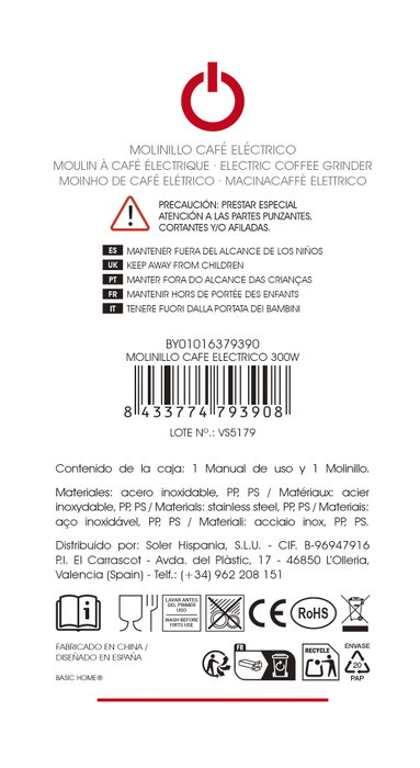 Inde Molinillo Café Eléctrico 300W 220V 7.5 x 11.5 cm Basic Home (6 Unidades)