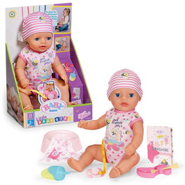 MGA Baby Born Muñeca Lena 36cm con 7 Funciones (Bebe, Hace Pipí, Duerme) + 7 Accesorios