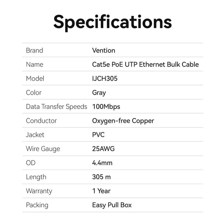 Vention Bobina de Cable de Red RJ45 UTP Cat 5e IJCH305 Gris 305m