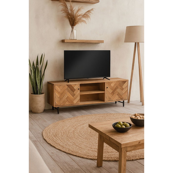 DKD Home Decor Mueble TV Espiga de Acacia y Metal Marrón