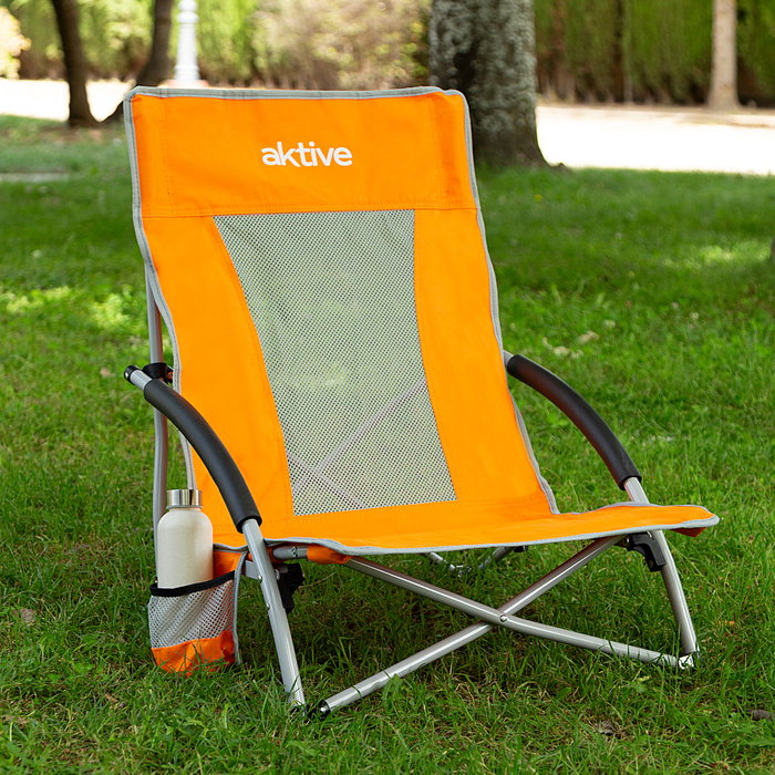 Aktive Silla de playa plegable baja naranja con posavasos Aktive Silla de playa plegable baja naranja con posavasos