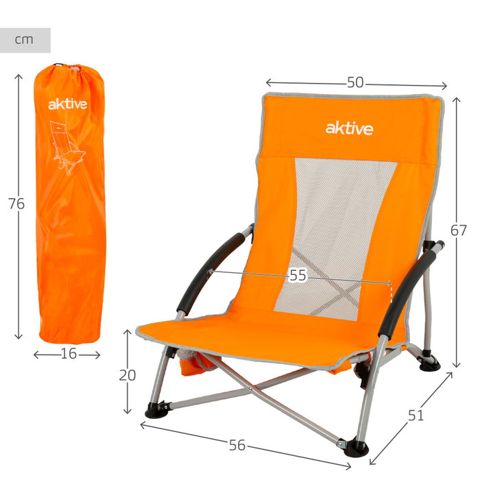 Aktive Silla de playa plegable baja naranja con posavasos Aktive Silla de playa plegable baja naranja con posavasos