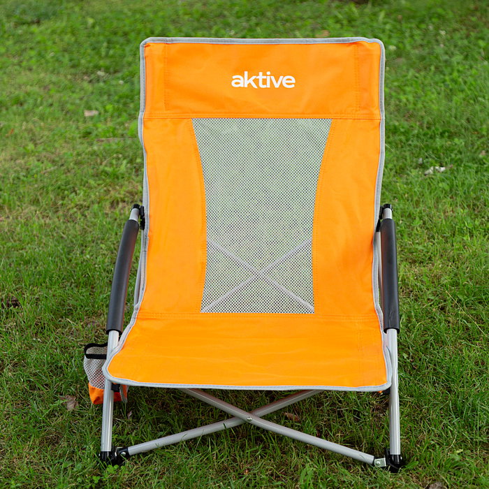 Aktive Silla de playa plegable baja naranja con posavasos Aktive Silla de playa plegable baja naranja con posavasos