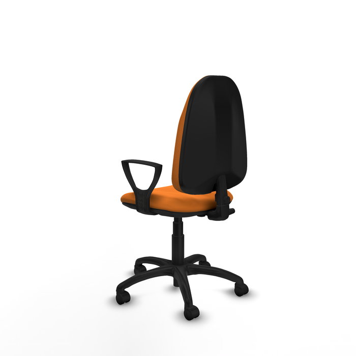 Silla de oficina Algarra con mecanismo Contacto permanente básico tapizada con Similpiel color Naranja. Equipada con Base poliamida negra, Brazos fijos y Ruedas de nailon 50 mm